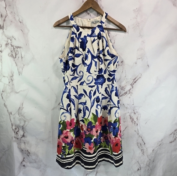 Eliza J Dress Women 8 Medium Floral White Blue Sheath A Line Pleated Tank Flare - Picture 1 of 12